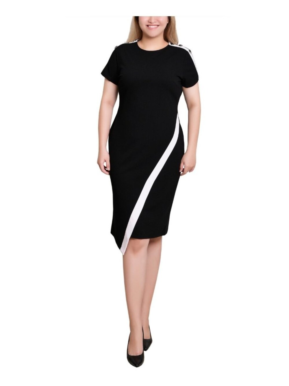 NY Collection Short Sleeve Asymmetrical Hem Dress Black Petite Size PS $52